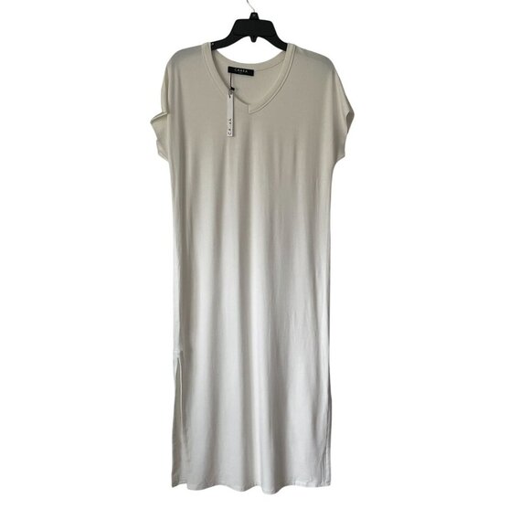 Caara S White V-Neck Short Sleeve Midi T-Shirt Shift Dress Side Slit Relaxed - Picture 1 of 6